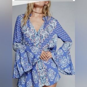 Free People Dress Magic Mystery Tunic Printed Bell Sleeve V Neck